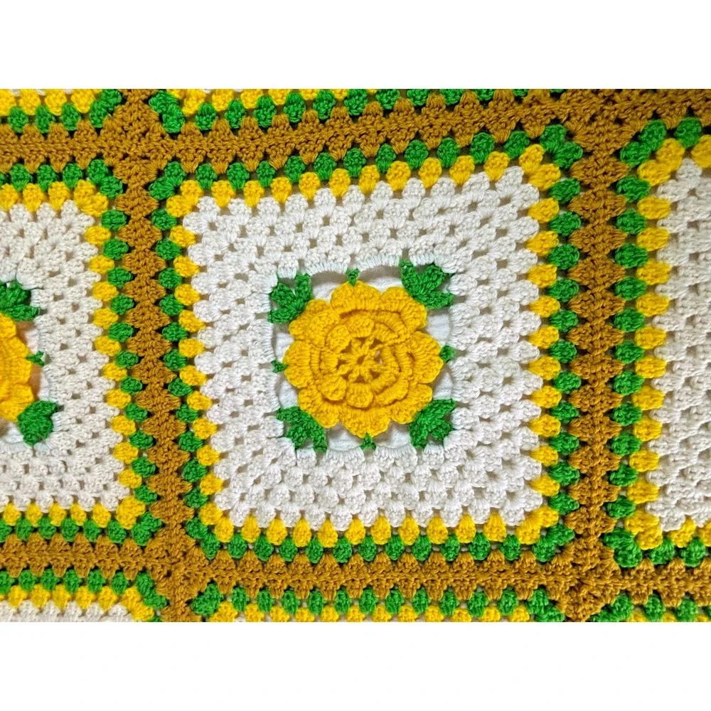Vintage 70s Hand Crooked Granny Square Afghan Blanket 3D Yellow Flower Rose 48x7